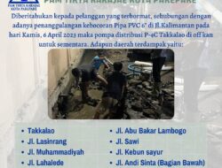 PAM Tirta Karajae Parepare Umumkan Gangguan Distribusi, Ini Beberapa Titiknya
